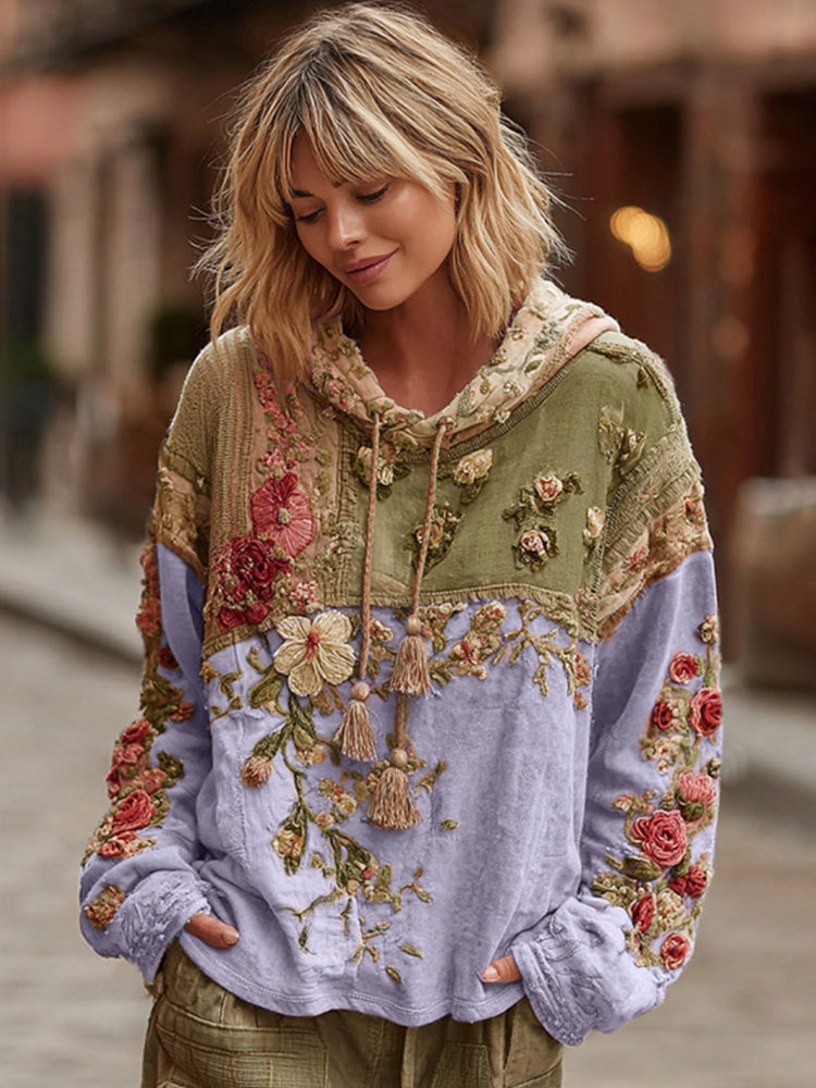 Women's Floral Embroidery Color Block Boho Casual Hooded Sweatshirt